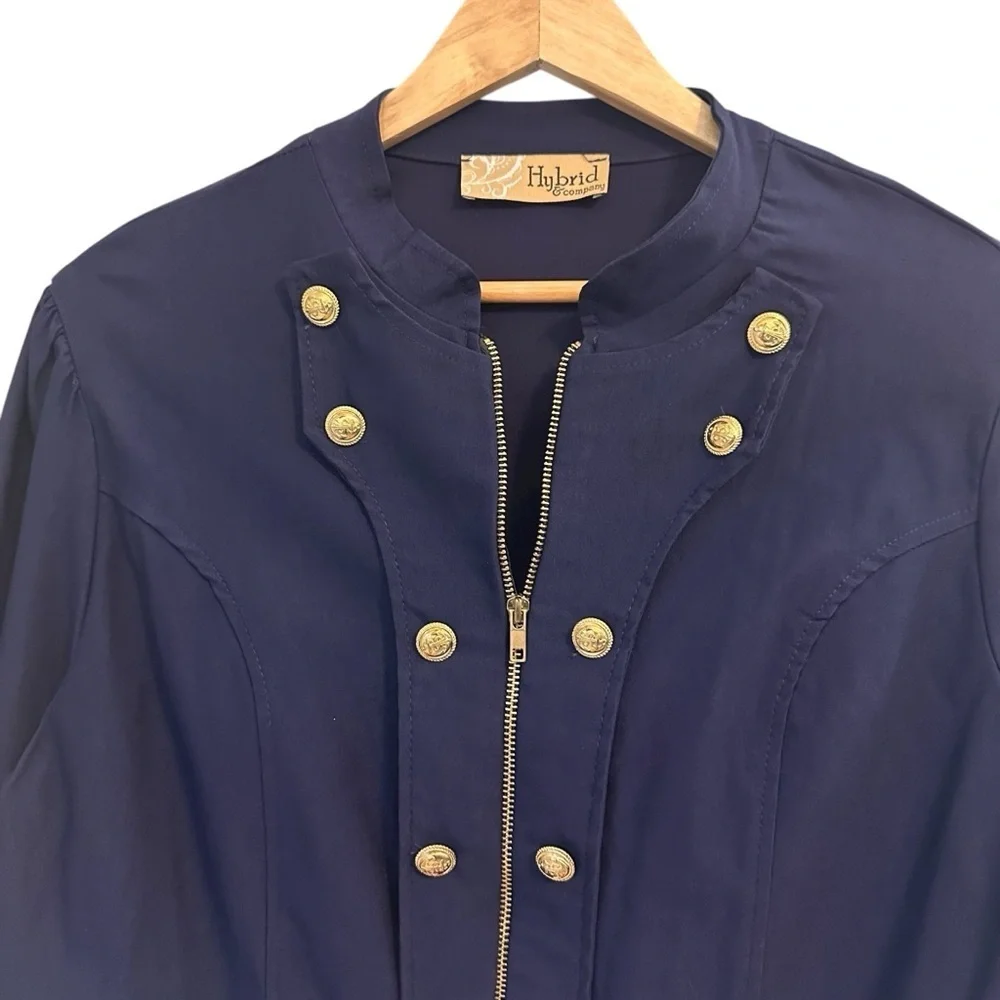 Hybrid & Company Super Stretch Navy Military Crop Blazer with Gold Accents, 1X